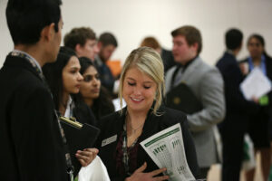 A student at Missouri S&T's Spring 2015 Career Fair. Each semester, hundreds of employers flock to campus to hire S&T students of all majors.