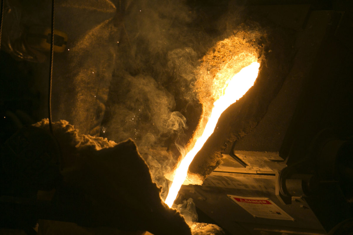 Molten steel is poured in Missouri S&T's foundry in McNutt Hall.