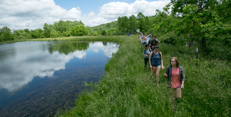 Missouri S&T students enrolled in the summer Field Ecology course return to the field station at the Bohigian Conservation Area after conducting experiments in Mill Creek.