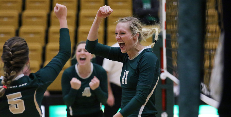 Krista Haslag, a senior from Linn, Missouri, celebrates with her teammates after the S&T volleyball team defeated the University of Missouri-St. Louis on Oct. 3. Haslag was named to the CoSIDA Academic All-America First Team in 2015.