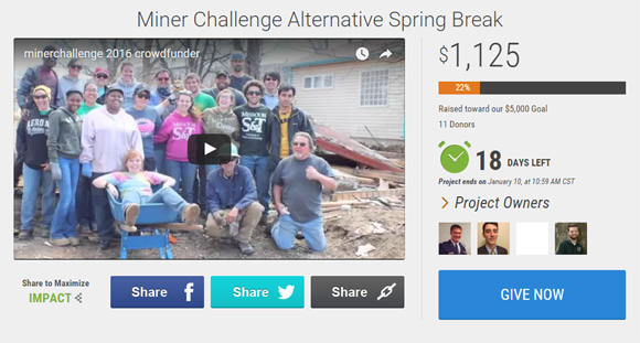 The Miner Challenge Alternative Spring Break program is the latest crowdfunding initiative at crowdfunding.mst.edu.