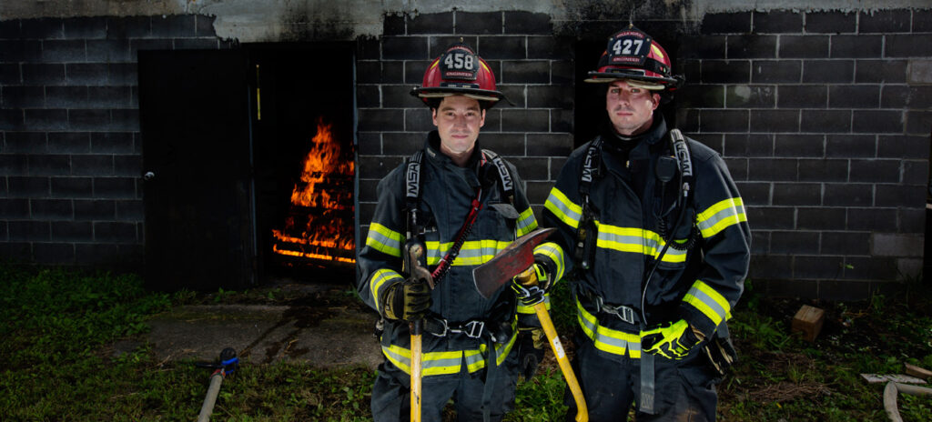 Alumnus Chris Franklin and senior student James "Jimmy" Nash train at the Regional Fire Training Center in Rolla. Franklin volunteered for the Rolla Rural Fire District before taking a job out-of-state, while Nash continues to volunteer for the department. Photo By Sam O'Keefe/Missouri S&T