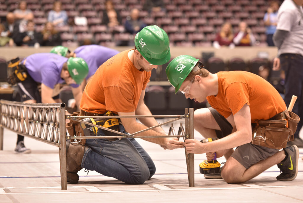 The Steel Bridge Design Team competes during the 2018 regional competition. Photo by Bob Phelan. 