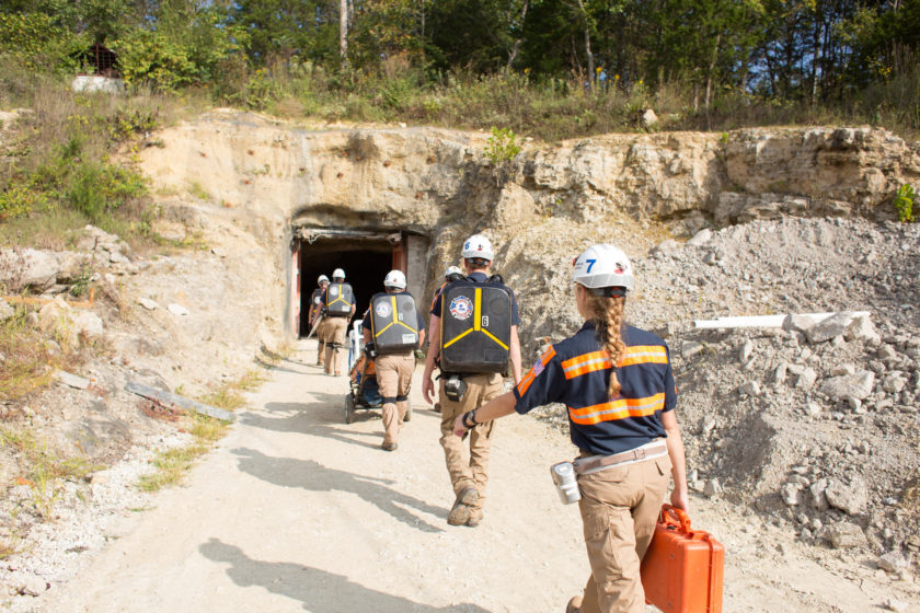 Members of Missouri S&T's Mine Rescue Team enter S&T's Experimental Mine during an annual Missouri Mine Rescue competition hosted by S&T. Jesse Cureton / Missouri S&T