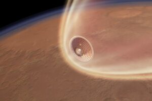 An artist depiction of Hypersonic Inflatable Aerodynamic Decelerator (HIAD) during Mars entry (Image courtesy of NASA)
