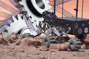 Photo illustration of a Mars rover designed by Missouri S&T students depicting the idea of MXene superlubric sheets applied to the machine’s moving parts to reduce friction and wear. Image credit: Shuohan Huang/Missouri S&T