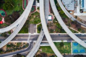 An aerial photo of highway overpasses