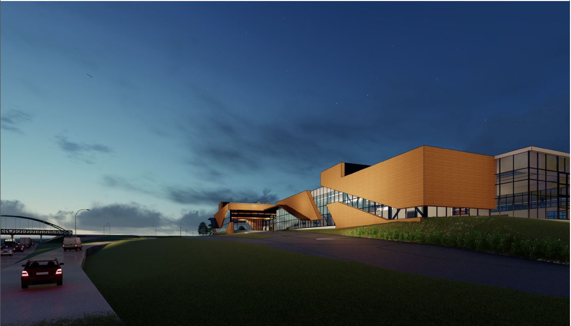 Architect's rendering of the Missouri Protoplex, as viewed from westbound Interstate 44. The Missouri Protoplex will be the first building for Missouri S&T's future manufacturing technology and innovation campus.