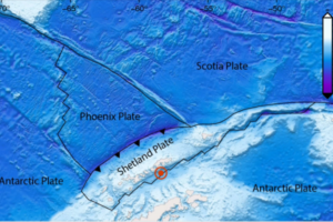 A map of the region of Antarctica where the earthquake swarm was detected. The red circle denotes the swarm's location. Image from Nature Communications Earth & Environment.