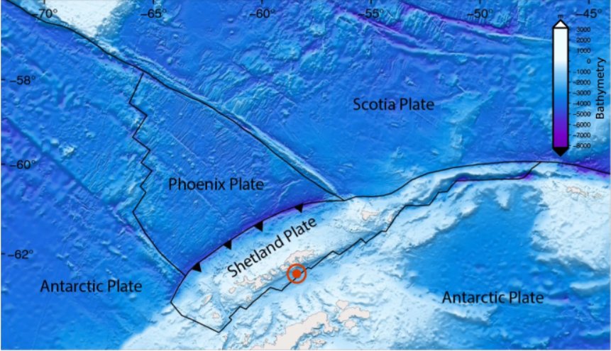 A map of the region of Antarctica where the earthquake swarm was detected. The red circle denotes the swarm's location. Image from Nature Communications Earth & Environment.