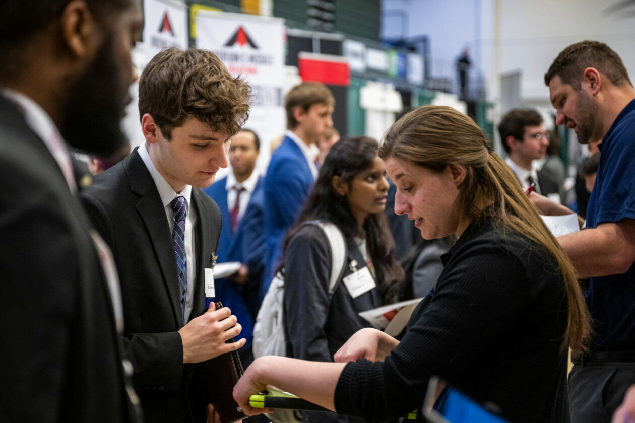 Missouri S&T students and recruiters interact at a recent career fair on campus. Photo by Michael Pierce/Missouri S&T