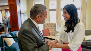 Aruna Miller, lieutenant governor of Maryland, graduated from Missouri S&T in 1989. She is pictured here with Dr. Mo Dehghani, the university’s chancellor. Photo by Terry Barner/Missouri S&T.