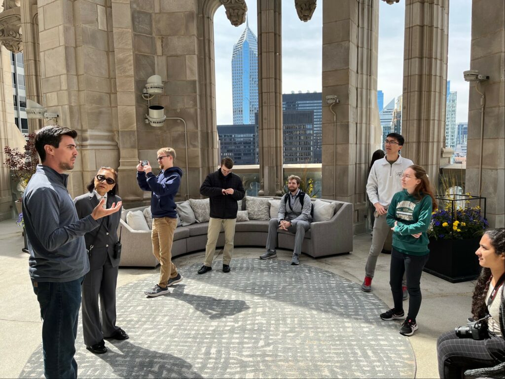 Missouri S&T students learn about the architecture of the recently renovated Tribune Tower in downtown Chicago from Tom Laudadio, left, a 2015 architectural engineering graduate of S&T.