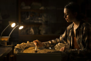 Emma Puetz prepares a triceratops fossil she discovered in 2022. Photo by Michael Pierce/Missouri S&T.