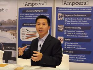 Dr. Sumin Zhu discusses his company’s battery technology at a tradeshow. Photo courtesy of Nicolas Charbonnier — youtube.com/charbax.