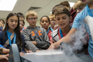 Students check out liquid nitrogen during an event hosted by S&T’s Kummer Center for STEM Education. Photo by Michael Pierce/Missouri S&T.