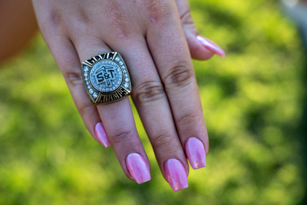 S&T GLVC championship ring worn on hand of athlete