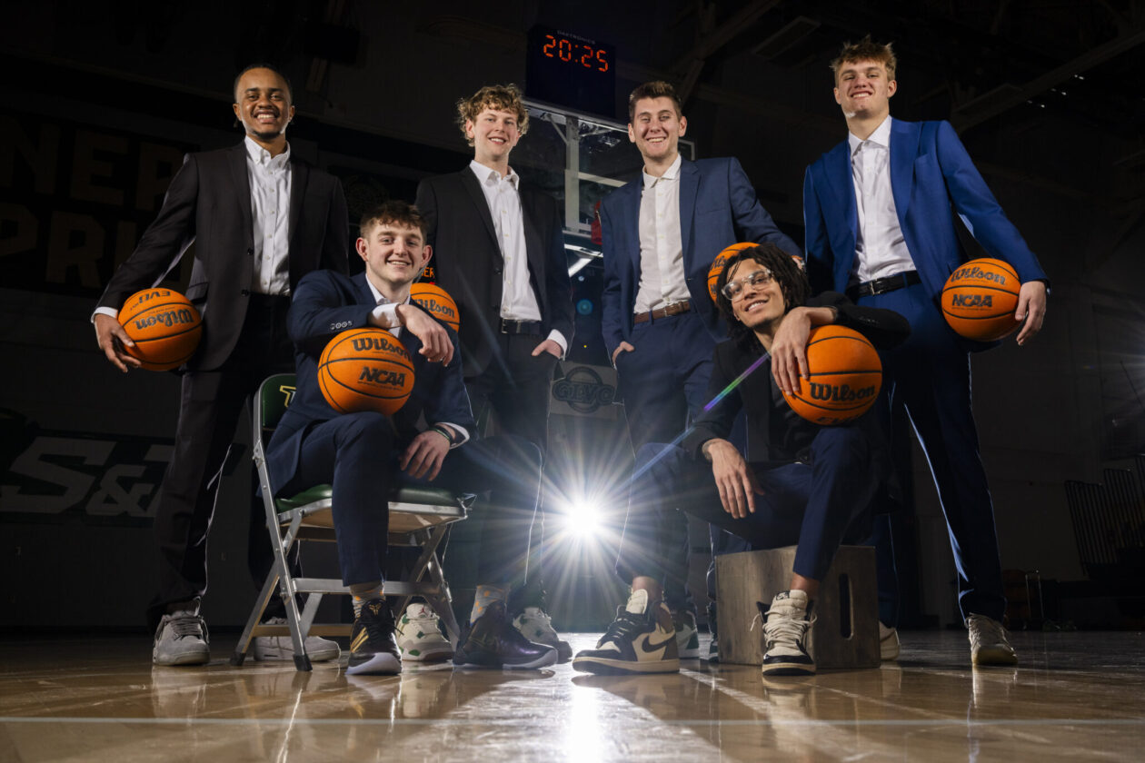 The Missouri S&T Men’s basketball team is headed to the NCAA Division II National Tournament for the first time in almost 30 years. These Miners are all business majors, making grand plans for their careers. From left, front row: Tucker Morris and Blaise Beauchamp. From left, back row: Michael Onunkwor, Jack Zarr, Ryan Sroka and Adam Rickman.