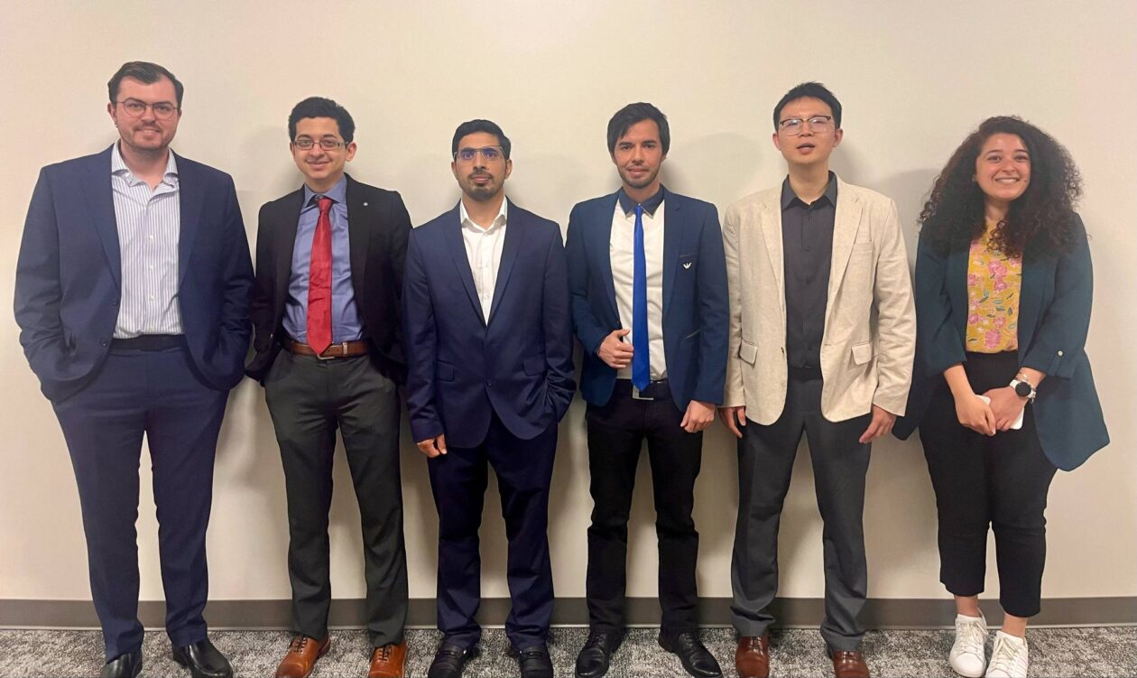 From left, recipients of the Dean’s Ph.D. Scholar Award include Logan Wilcox, Omar Rinchi, Irfan Ganie, Alireza Roshan, Haodao Li and Radwa Eissa. Photo by Greg Edwards/Missouri S&T.