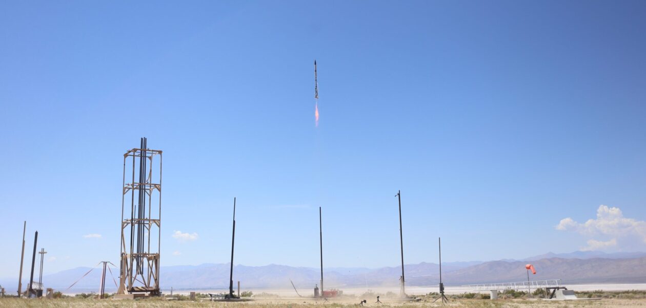 Nick Graham’s rocket takes off from a site in the Mojave Desert in California. Photo courtesy of Graham.