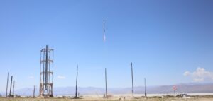 Nick Graham’s rocket takes off from a site in the Mojave Desert in California. Photo courtesy of Graham.