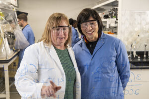 Shelley D. Minteer (left) and Huaijun Guan, a Ph.D. candidate in chemistry. Photo by Michael Pierce/Missouri S&T.