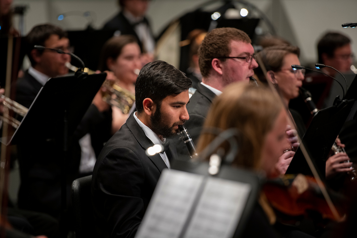 Members of the Missouri S&T symphony orchestra during a concert at Leach Theatre.