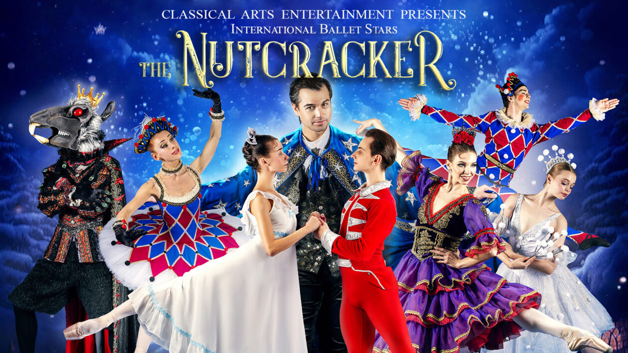 A composite image of several dancers different scenes from "The Nutcracker" against a blue background.