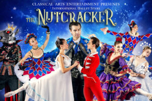 A composite image of several dancers different scenes from "The Nutcracker" against a blue background.