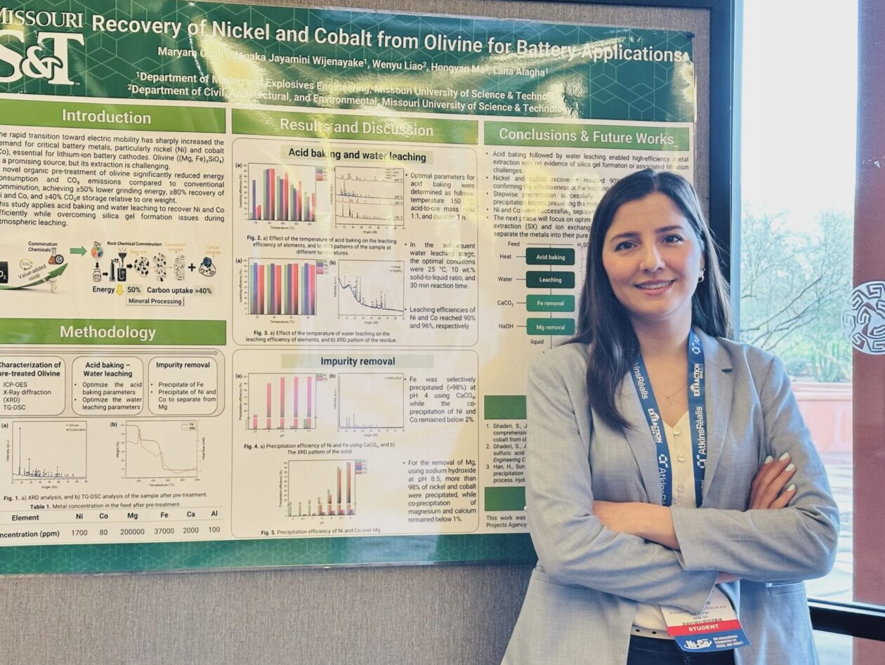 Maryam Osali stands with the research poster she presented at the Extraction 2025 Meeting & Exhibition in Phoenix.