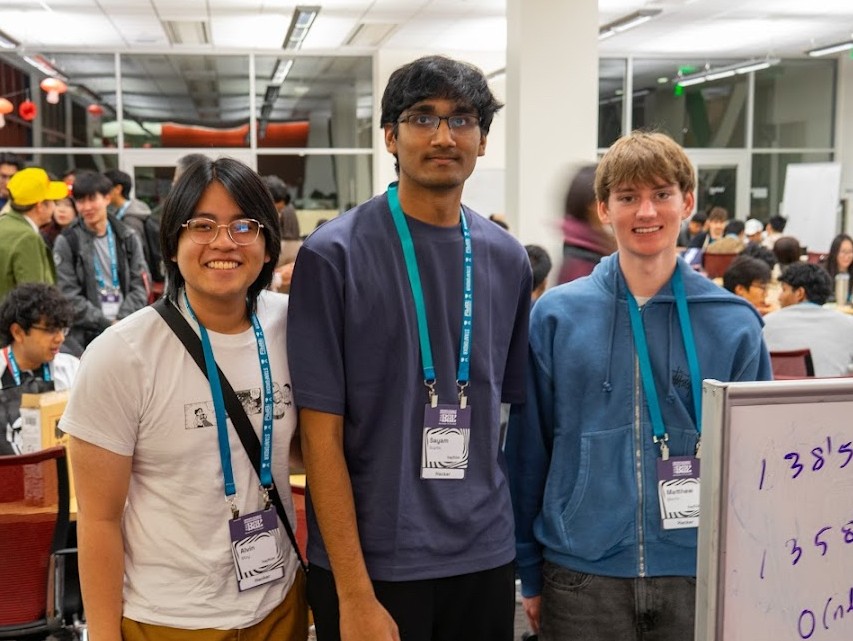From left, Alvin Moy, Sayam Gupta and Matthew Martin pose during the Immerse the Bay hackathon at Stanford University. Photo courtesy of Moy