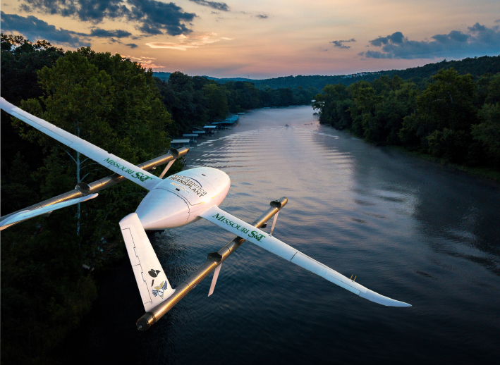 A Valkyrie drone flies over a river in the Ozarks. Photo courtesy of Valkyrie UAS Solutions