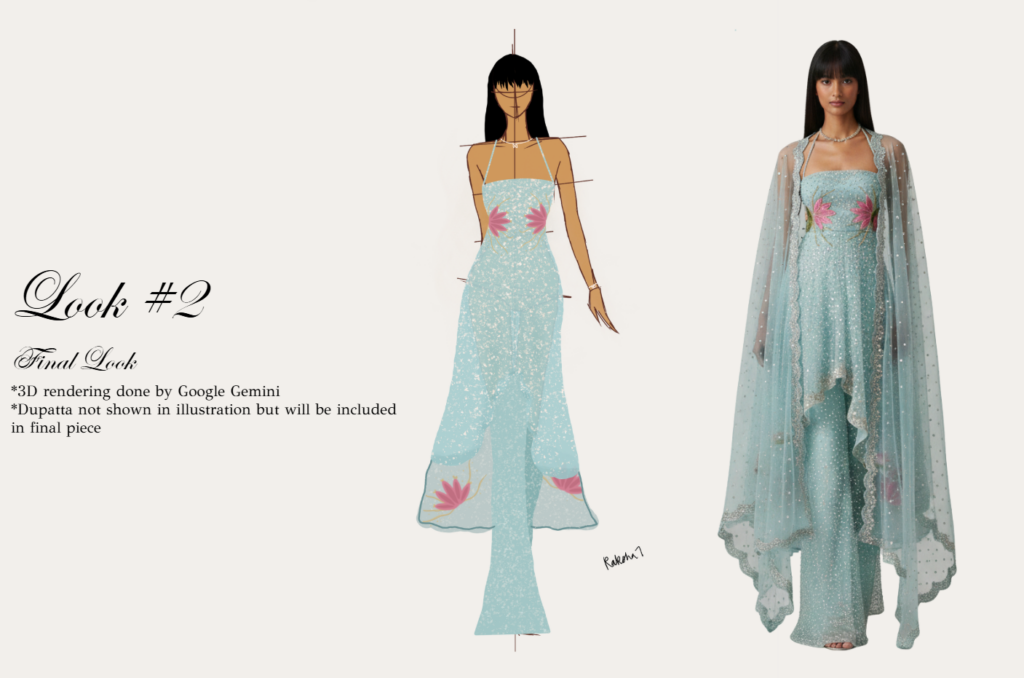 Screenshot of a fashion presentation. The text reads "Look number two: final look. 3-D rendering done by Google Gemini. Dupatta not shown in illustration but will be included in final piece.
