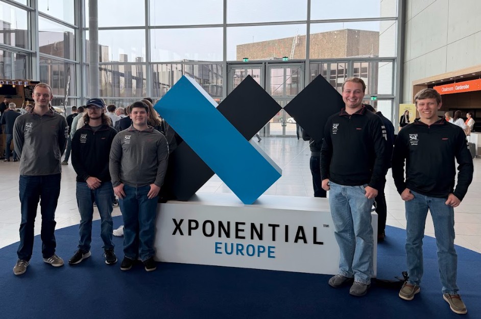 Students involved in the FarmVates Team Innovation Project attending XPONENTIAL Europe, a trade fair for autonomy and robotics in Düsseldorf, Germany. From left: Missouri S&T students Alen Avdic, Zach Warhoover, Ben Lemongelli, Thomas Strohmeier and Cameron Larimore.