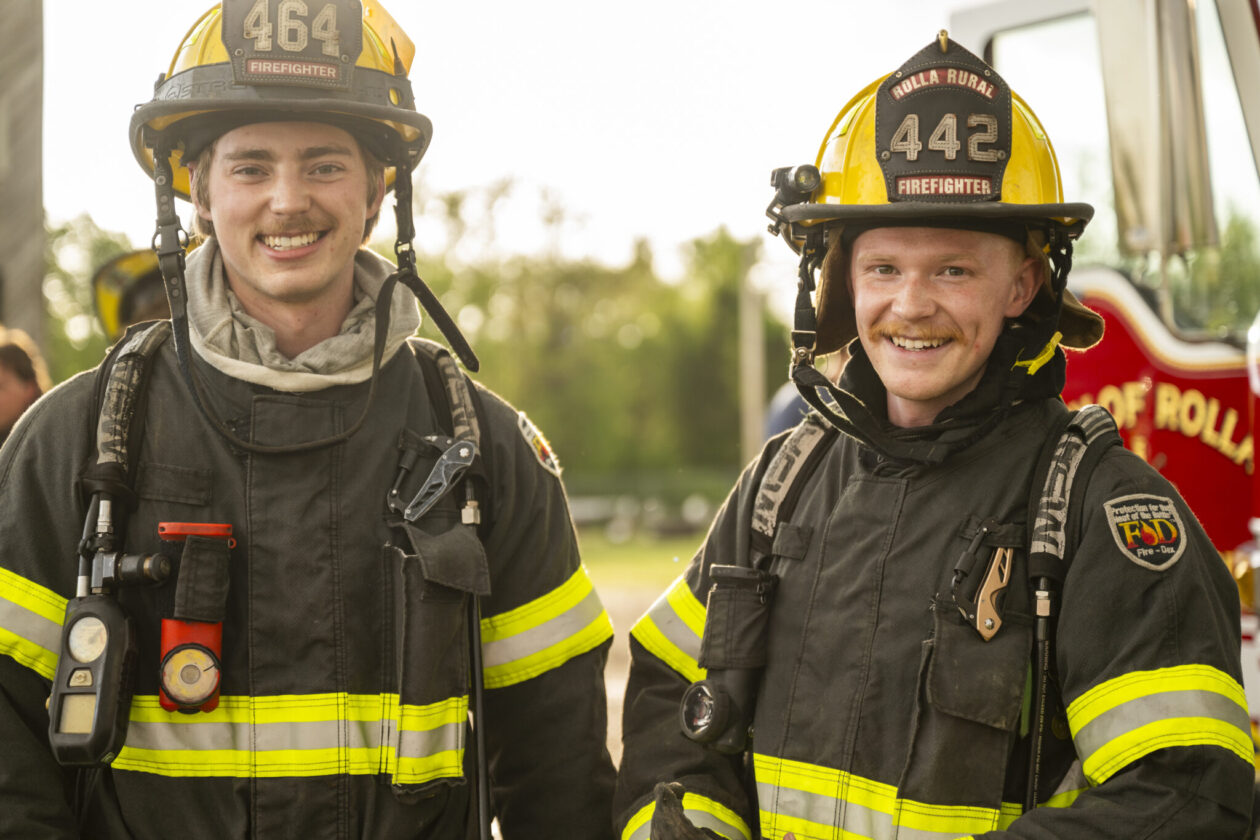 While pursuing doctoral degrees at Missouri S&T, Matik Heskin and Adam Boland volunteer with the Rolla Rural Fire Department.