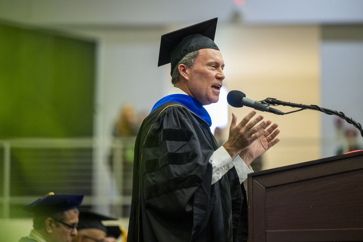 Jon M. Gibbs, senior president of ExxonMobil Global Operations, spoke at both of Missouri S&T's May 16 commencement ceremonies for bachelor’s degree candidates.