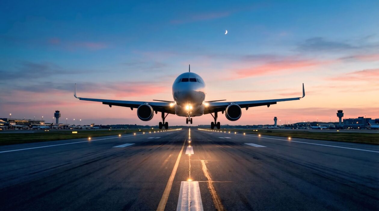 An airplane landing.