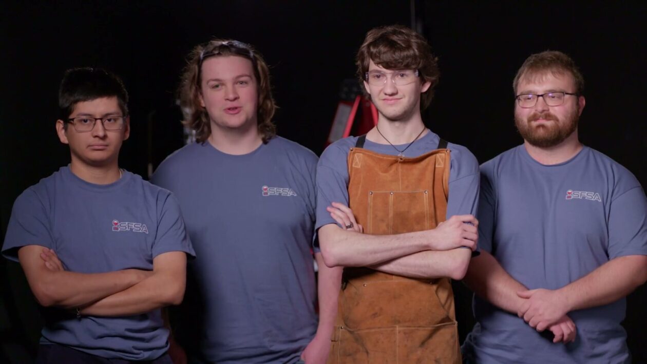 Whalen Downs, Ben Hilgers, Benjamin Rodrigue and Grant Whitham discuss their work on the set of the Cast in Steel YouTube series. Photo courtesy of Cast in Steel.