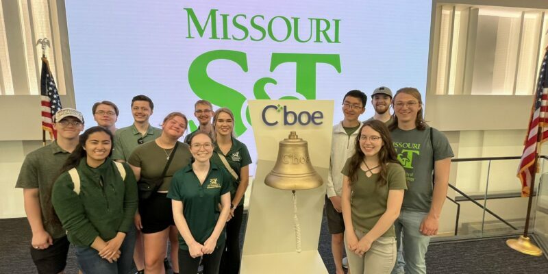 Students enrolled in Missouri S&amp;T's two-week course on Chicago architecture were invited to ring the bell at the Chicago Board Option Exchange during their trip. From left to right are students Justice Gorsline, Cecelia Fugaro, Adam Griffin, Cole Allen, Molly Breneman, Lorelei Wilson, Jacob Bennett, Danielle Wilson, William Luedeman, Audrey Metcalf, Matthew Babcock and Kaleb Finn (submitted photo).
